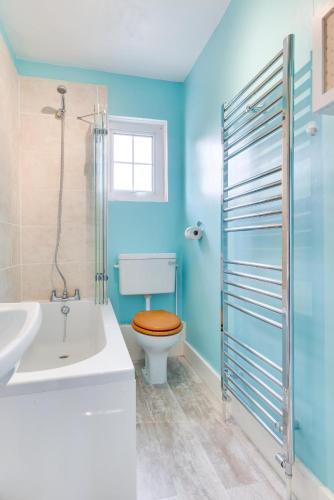 a blue bathroom with a toilet and a sink at 3 Bed in Littlestone oc-bt009 in New Romney