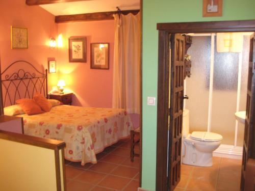 a bedroom with a bed and a toilet at Apartamentos Saqura in Segura de la Sierra