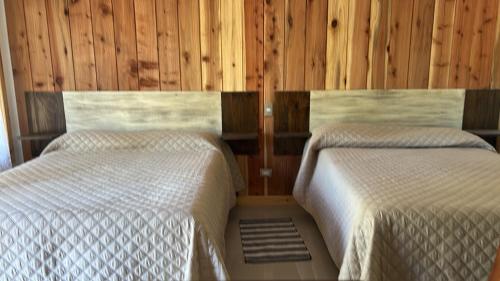 two beds in a room with wooden walls at Rukas Huinkaray in Pucón