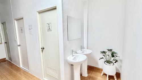 a white bathroom with a sink and a mirror at Softbox Hostel in Ban Laem Thong Lang