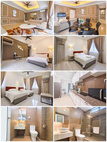 a collage of four pictures of a hotel room at 3 Concordia @ Gurney in George Town