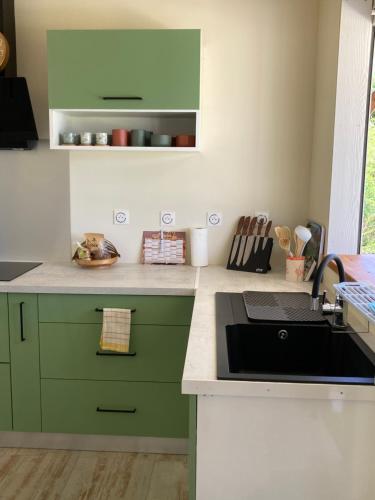 a kitchen with green cabinets and a sink at Villa Surette in Capesterre