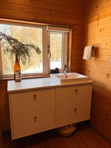 a bathroom with a sink and a window at Blanco Escape in Myoko