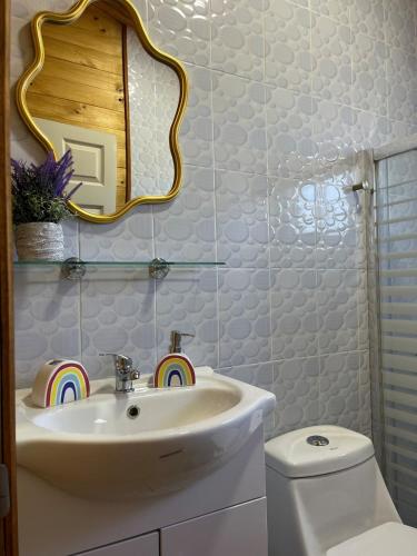 a bathroom with a sink and a mirror and a toilet at cabaña alerce lago panguipulli in Panguipulli