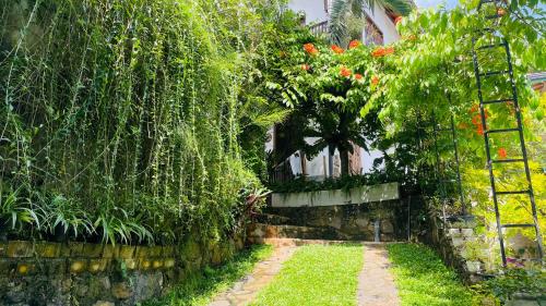 a garden with plants and a stone wall at Bouganvilla House in Unawatuna