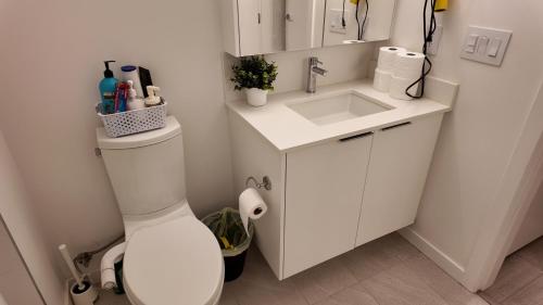 a bathroom with a white toilet and a sink at Cozy 1 bed and 1bath suit in Surrey