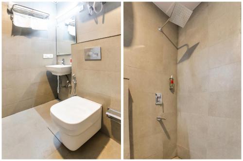 two pictures of a bathroom with a toilet and a sink at Townhouse Derawal Nagar in New Delhi