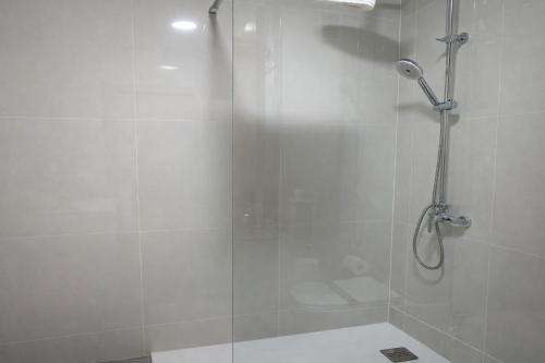 a bathroom with a shower with a glass door at Mini Peixcateria B in Sagunto
