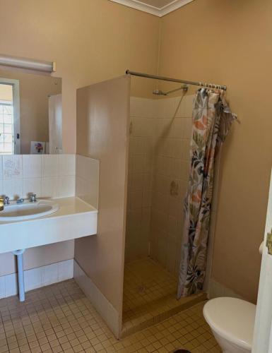 a bathroom with a sink and a shower at Cadney Park Accommodation in Coober Pedy