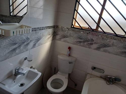 un bagno con un water, un lavandino e una finestra di Yadah Accommodations a Lothlekane