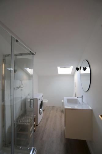 a bathroom with a shower and a sink and a mirror at mansarda fronte mare in Potenza Picena