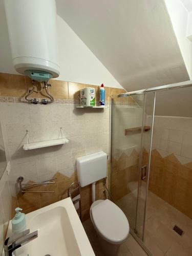 a small bathroom with a toilet and a shower at Bilocale zona spiaggia Home Salento com in Torre San Giovanni Ugento