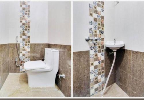 two pictures of a bathroom with a toilet and a sink at Hotel New Lucknow in Lucknow