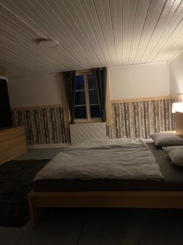 a bedroom with a large bed with a ceiling at Villa Björksele in Björksele