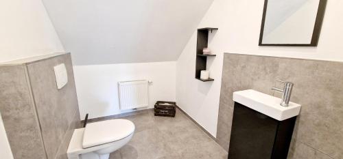 a bathroom with a toilet and a sink at Ferienhaus Strandallee 10a in Burhave