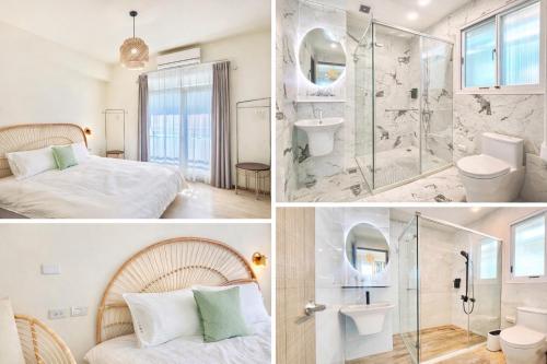 a collage of pictures of a bathroom with a bed and a shower at Bird Walking in Yuli