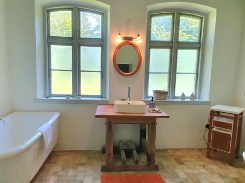 a bathroom with a sink and a tub and a mirror at Inseldomizil Brummers Gaard in Haderslev