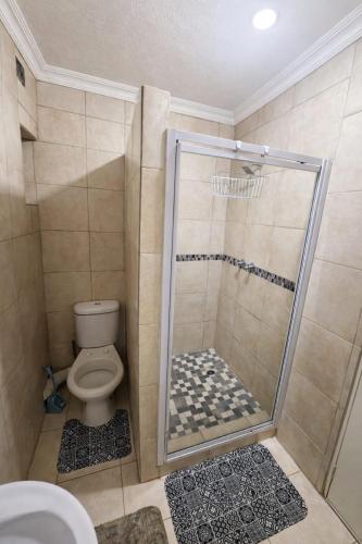a bathroom with a shower with a toilet at PrimeStay One 2 Bedroom Apartment in Johannesburg
