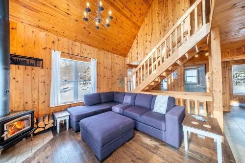 a living room with a couch and a fireplace at Spa Outdoor & Adventure - LEnigmasud in Saint-Philémon