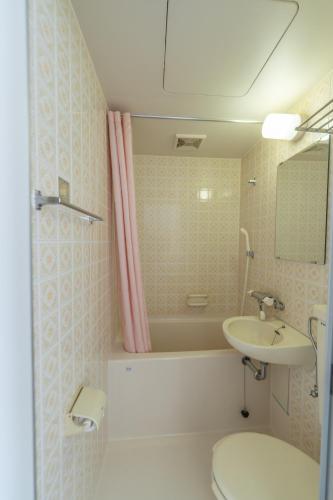 a bathroom with a sink and a toilet and a tub at 北国ロッヂ in Otari