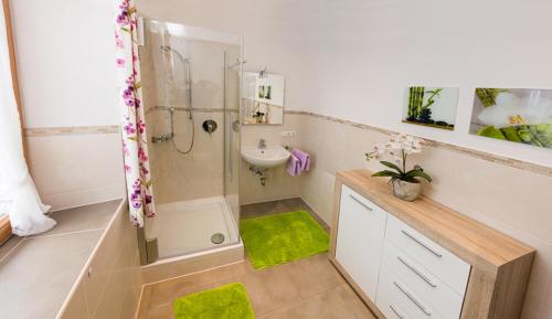 a bathroom with a shower and a sink at Ruhlander-Hof in Unterwössen