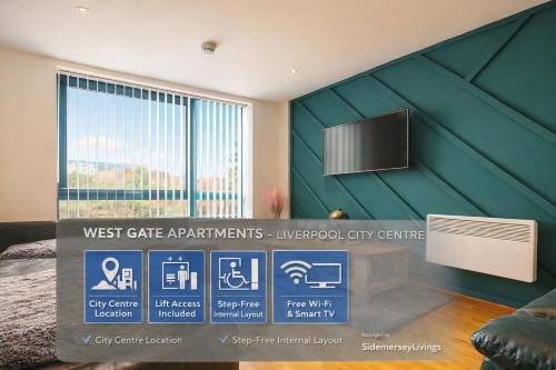 a room with a green wall with a flat screen tv at Sidemersey Livings- Convenient and Central 2-Bedroom Haven in L1, Secured Parking in Liverpool