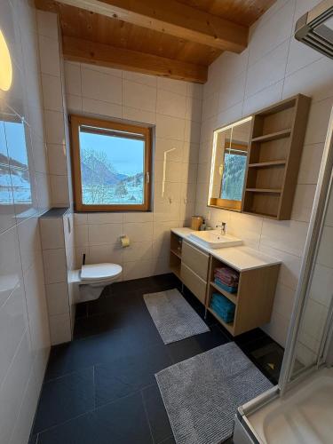 a bathroom with a sink and a toilet and a window at AusZeit in Gschnitz