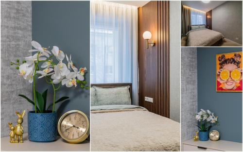 a collage of pictures of a room with a bed and flowers at Sandal Apartments in Šiauliai