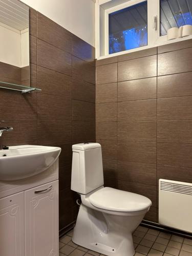 ein Badezimmer mit weißer Toilette und Waschbecken in der Unterkunft Hotel Yöpuu in Kemi