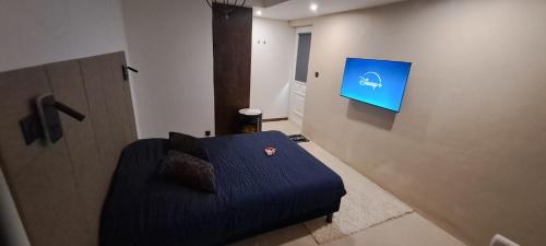 a bedroom with a bed and a television on a wall at Chambre bain balneo indépendante in Valréas