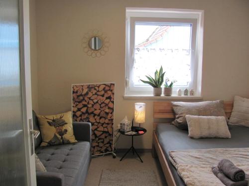 a living room with a couch and a window at #2 Komfortables großzügiges Gästezimmer mit Gemeinschaftsbad W-Lan Airport nah Late Night Check in Haus Nr 9,5 in Trunkelsberg