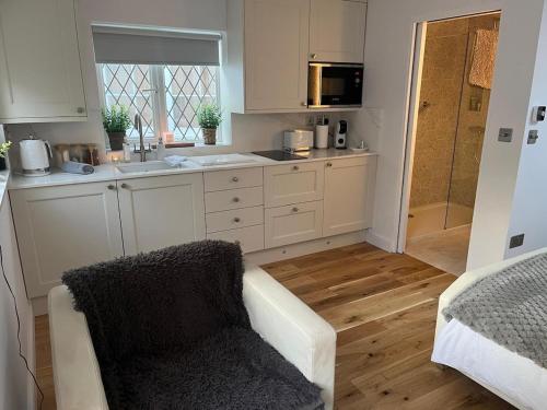 a kitchen with a couch and a sink and a counter at Garden Lodge, boutique - Walton on Thames in Walton-on-Thames