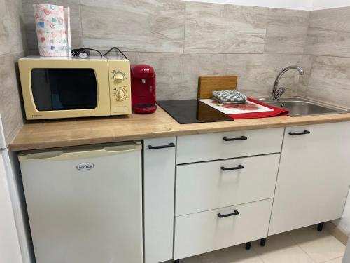 a kitchen counter with a microwave and a sink at Gite de Sainte Gemme in Sainte-Gemme