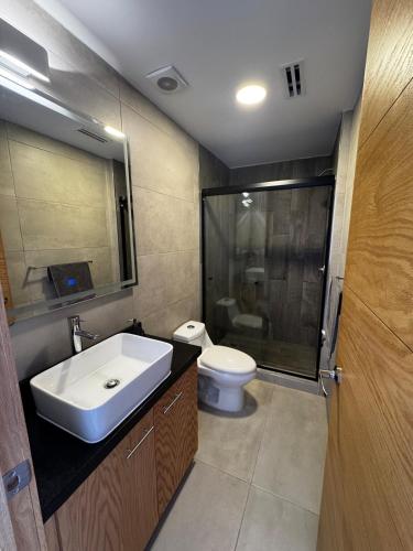 a bathroom with a sink and a toilet at Penthouse Panoramic Terrace, San Felipe in Chihuahua