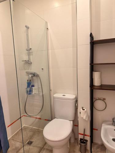 a bathroom with a toilet and a shower at Apartaments IRI in Pineda de Mar