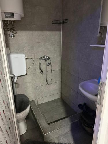 a bathroom with a shower with a toilet and a sink at Melvina in Pančevo
