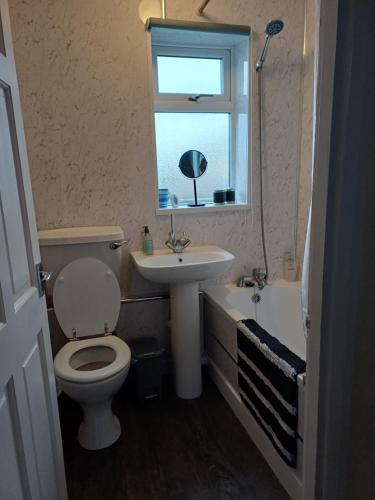 a bathroom with a toilet and a sink and a window at Sir Isaac Newton Grantham good access to A1 & A52 Pets stay FREE in Lincolnshire