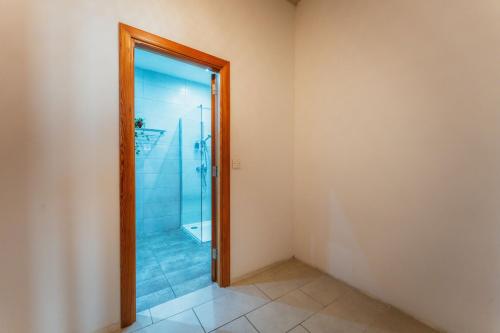 a bathroom with a shower and a glass door at Suite 2 at Palazzo Seraphim Boutique living in St Julians in St. Julianʼs
