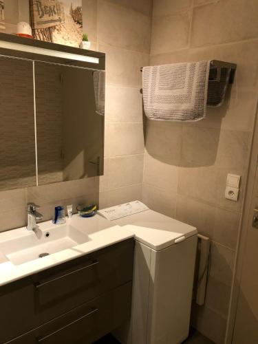 a bathroom with a sink and a mirror at Le Balcon de la Conchée in Saint Malo