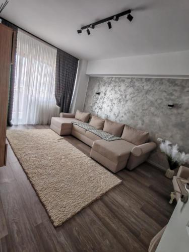 a living room with a couch and a rug at Apartament Dem Rădulescu, Rm Vâlcea in Troian