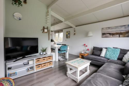 a living room with a couch and a tv and a table at Rekerlanden 195 in Schoorldam