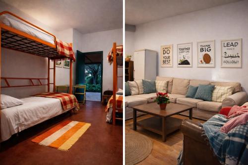 a living room with a couch and a bed at Hostel Layos, Toledo in Layos