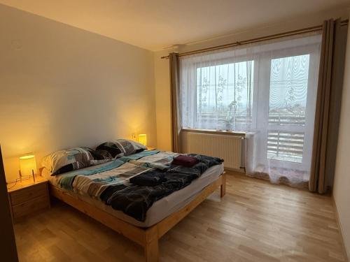 a bedroom with a bed and a large window at Apartment Světlá in Světlá