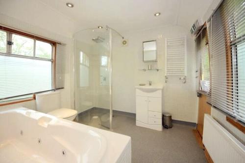 a bathroom with a tub and a toilet and a sink at Carriage 2 - Coalport Station Holidays in Telford