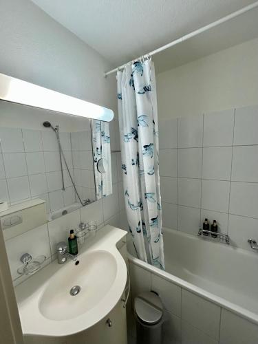 a bathroom with a sink and a shower curtain at Cozy Studio in Witikon District in Zurich