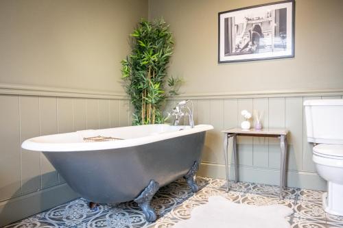 a bathroom with a tub and a toilet at Northern Hideaways, Sunnyside, Otterburn in Otterburn