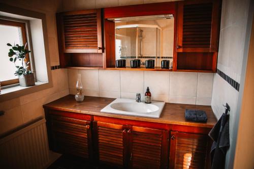 a bathroom with a sink and a mirror at Gårdshuset på Wrågården in Falköping