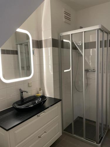 a bathroom with a sink and a glass shower at Amadeus Studio in Baden