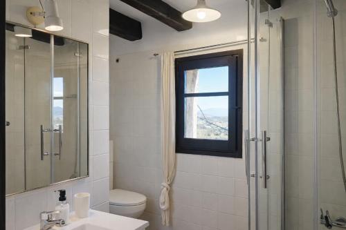 a bathroom with a shower and a toilet and a window at Cal Xeco de Montsonís, dóna la benvinguda a la teva mascota in Montsonis