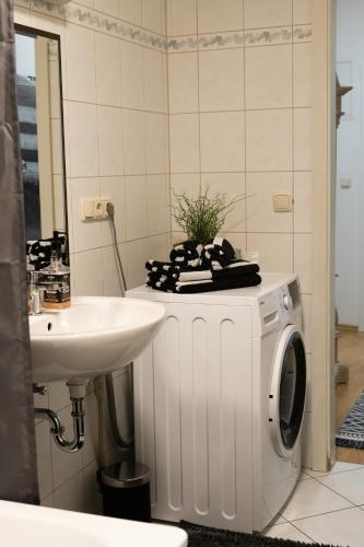 a bathroom with a washing machine and a sink at City Pension in Reichenbach im Vogtland